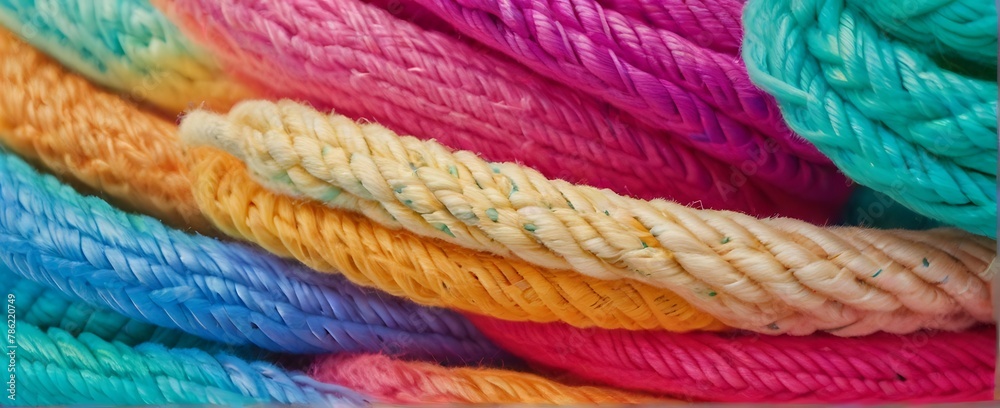 arranged ropes captured in a close-up pattern. Colourful rope background with texture rainbow.
