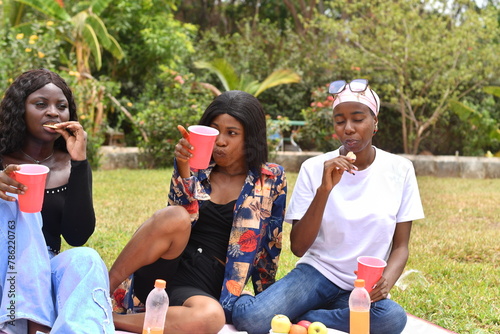 Joyful African Women Picnicking, Discussing, and Drinking Outdoors