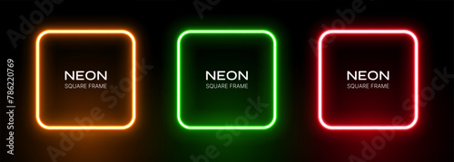Neon light square frame. Glow box border. Green, red and orange led laser on a black background. Fluorescent vector banners. photo