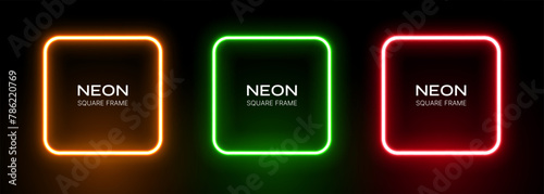 Neon light square frame. Glow box border. Green, red and orange led laser on a black background. Fluorescent vector banners.