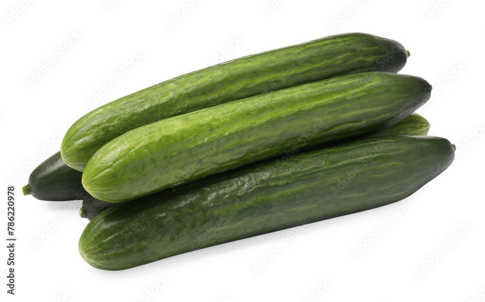 Many long fresh cucumbers isolated on white Many long fresh cucumbers isolated on white