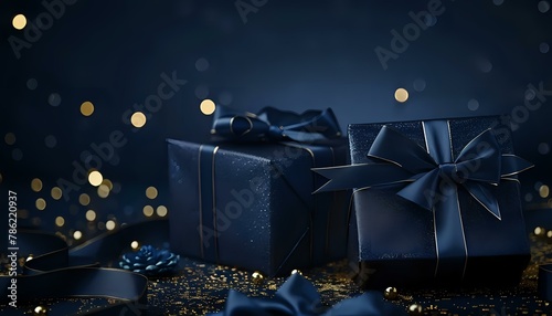 Two Dark Blue Gift Boxes with Shiny Light Blue Bows, Star Shaped Lights, Product Photography photo