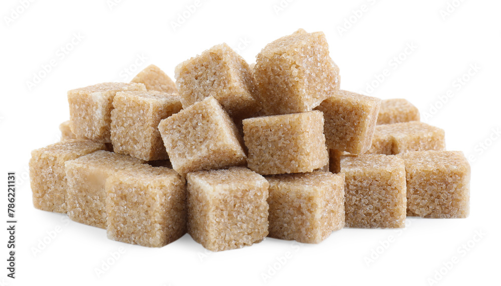 Many brown sugar cubes isolated on white Many brown sugar cubes isolated on white