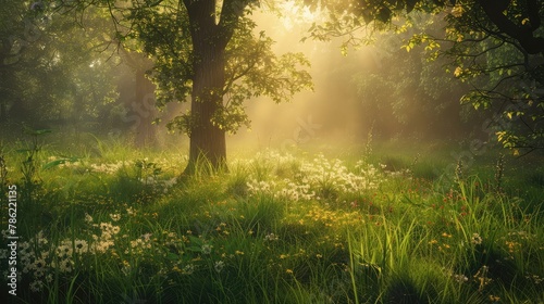 A tranquil forest clearing bathed in the golden light of dawn, with dew-kissed grasses and wildflowers blooming amidst the peaceful serenity of nature. 