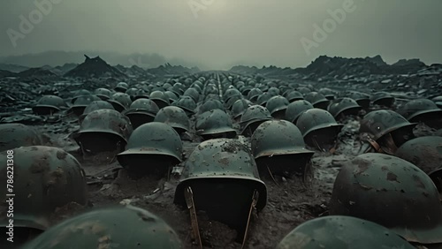 Helmets in a row on battlefield. Military warzone. Army rangers in combat helmets. military graveyard. Soldiers who died in the war 4k video