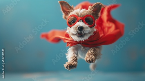 A canine wearing a cape and goggles leaps energetically