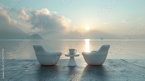 Sculptural elegance beside morning coffee, a chairs journey in travel, vividly captured ,3DCG,clean sharp focus photo