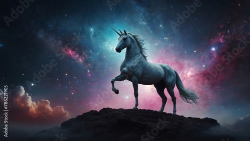 Divine unicorn and cosmic nebula, symbol of cosmic purity
