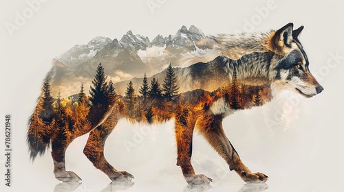Closeup portrait of wolf in the mountain forest double exposure design nature ecosystem