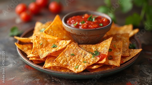 A plate of nachos with salsa on a table, a tasty fast food dish