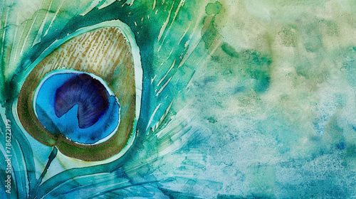 Watercolor abstraction captures peacock feather iridescence in blue and emerald. photo
