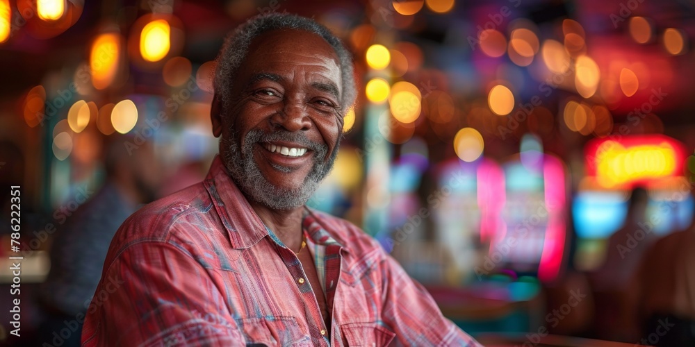 Happy elderly man revels in casino win, exuding joy amidst vibrant nightlife