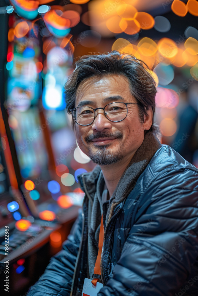 Confident mature gamer at casino slot, embracing excitement and luck in vibrant nightlife ambiance