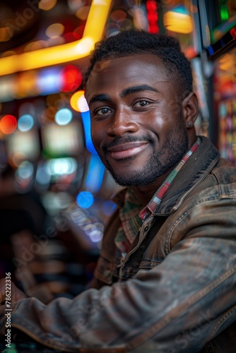 Lucky man celebrates casino win, exuding joy and happiness amid vibrant nightlife entertainment