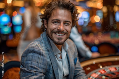 Excited adult man, adorned in a suit, plays roulette at the casino, radiating confidence and joy