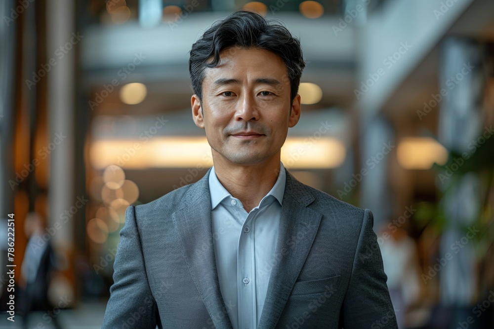 A mature businessman exudes confidence, leading with a captivating smile, portraying success in a corporate setting A mature businessman exudes confidence, leading with a captivating smile, portraying success in a corporate setting