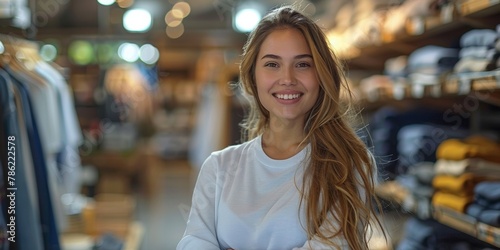 Successful young entrepreneur in the fashion industry poses confidently in her store, exuding professionalism and happiness