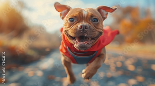 A fawncolored dog, wearing a collar, leaps into the air in a red cape