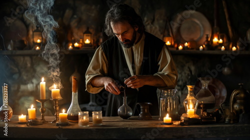 Medieval Alchemy. Enigmatic Alchemist Conjuring Potions Amidst Flickering Candlelight