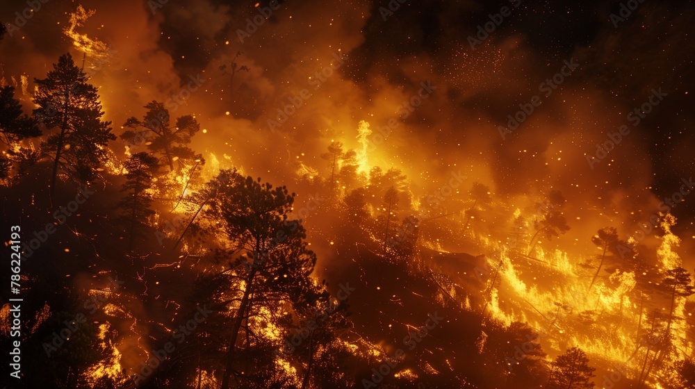 In the dead of night, nature's fury ignites the darkness as wildfires tear through the wilderness with relentless force.