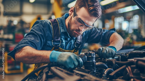 Skilled Mechanic Repairing Engine, Expert Technician Working on Car Repair in Garage photo