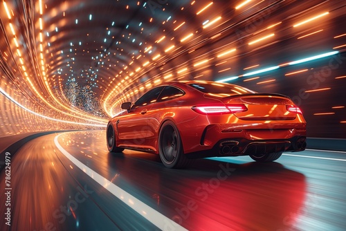 A sleek red sports car speeds through a futuristic tunnel, bathed in vibrant neon lights