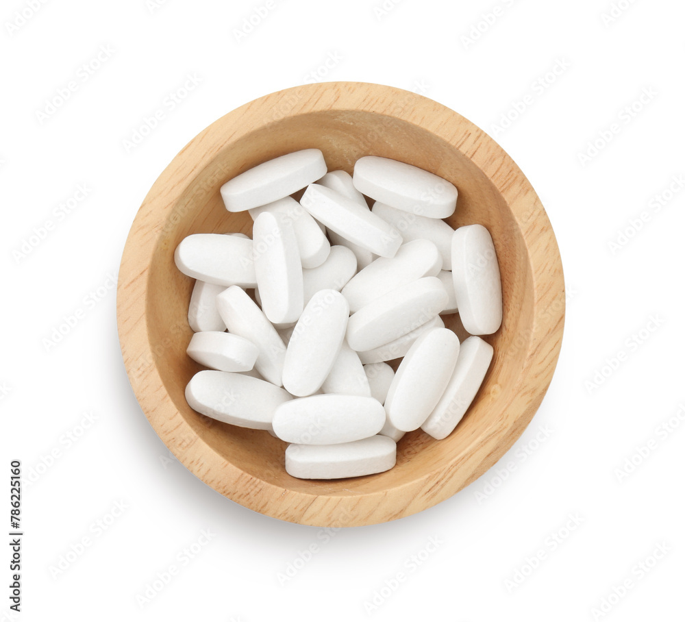 Vitamin pills in bowl isolated on white, top view. Health supplement Vitamin pills in bowl isolated on white, top view. Health supplement