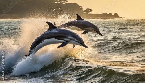 Numa praia ensolarada  um grupo de golfinhos brinca nas ondas  saltando graciosamente fora d   gua enquanto o sol brilha sobre o oceano. 