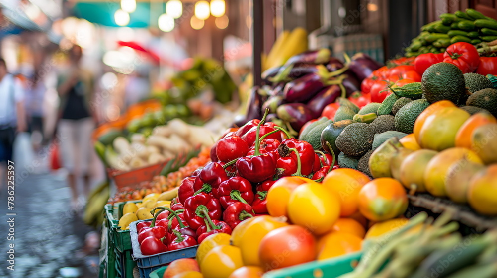 Vibrant street market with colorful fruits and vegetables