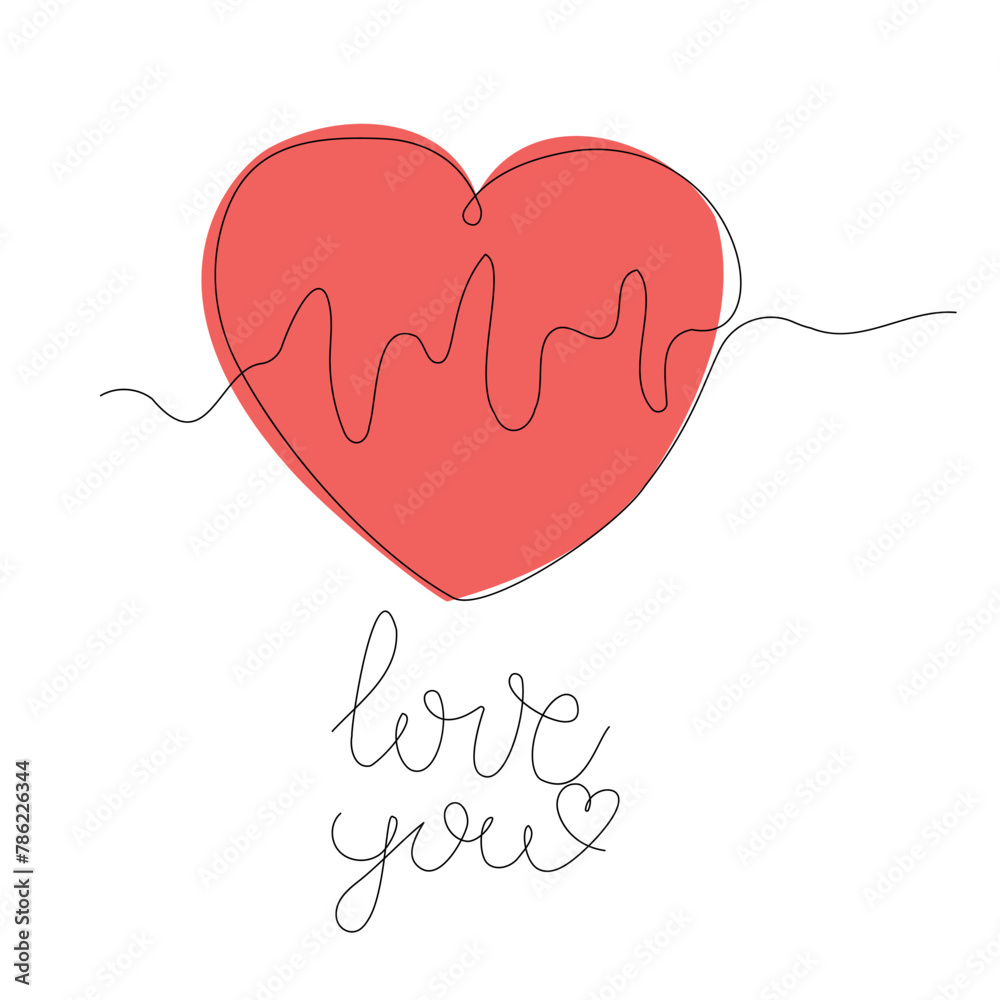 Fototapeta premium Outline heart with heart beat vector one line continuous drawing illustration. Hand drawn linear silhouette icon. Minimal outline design element for print, banner, card, brochure, logo