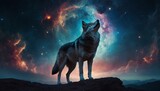 Enchanted wolf and cosmic nebula, symbol of cosmic guardianship