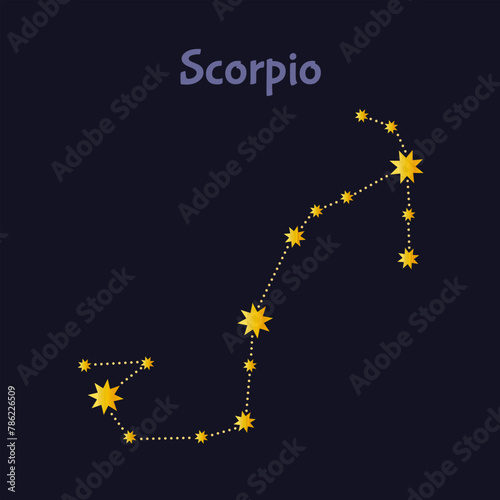 Scorpio zodiac constellation illustration on night sky with inscription.
