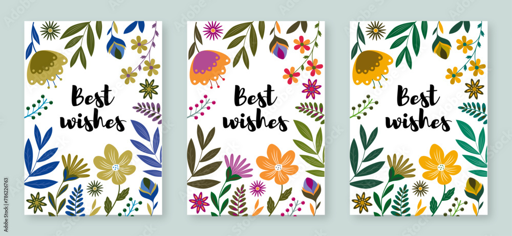  Set of modern postcards with whimsical summer spring  flowers illustrations