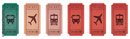 Vintage travel ticket template for bus, plane, and train railway pass. Isolated on transparent background. photo