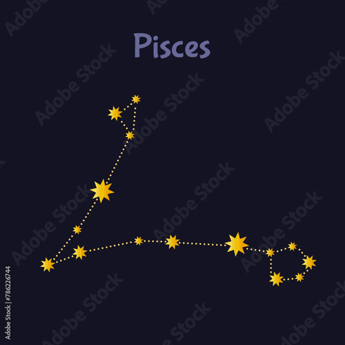 Pisces zodiac constellation illustration on night sky with inscription.
