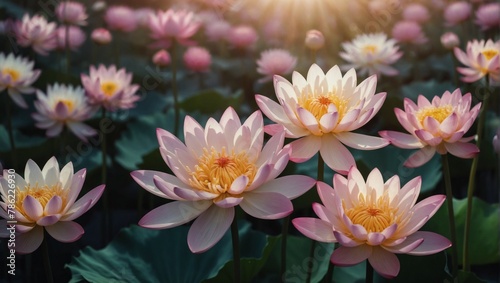 Enchanting elegant lotus and chrysanthemum flowers in full bloom  close up. Natural summery texture for background.