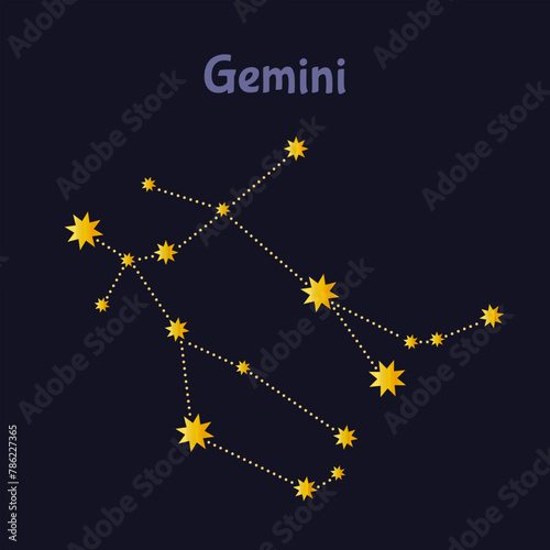 Gemini zodiac constellation illustration on night sky with inscription.
