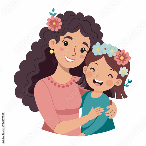 Cute Mother and daughter hugging. Happy Mother s day greeting card on white background