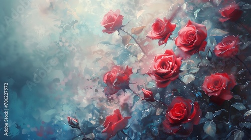Amidst a moonlit garden, a magnificent bouquet of red roses emerges, each petal glistening with dewdrops under the ethereal glow.