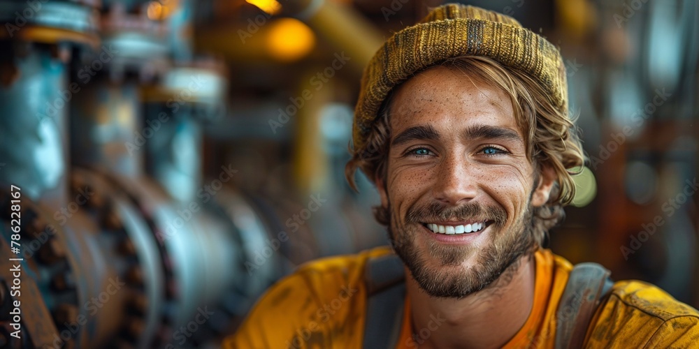 A happy Caucasian man in an industrial setting, wearing a hardhat, ensures safety and professionalism. A happy Caucasian man in an industrial setting, wearing a hardhat, ensures safety and professionalism.
