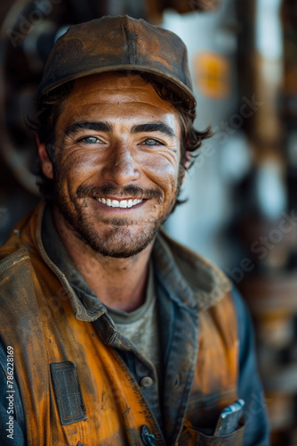 A smiling adult man in an industrial setting wearing a safety helmet, demonstrating professionalism and dedication. © Andrii Zastrozhnov