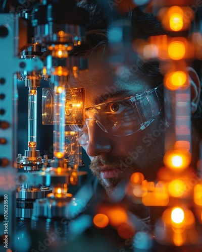 A quantum computing engineer examining a supercooled quantum chip, qubits represented by glowing nodes photo