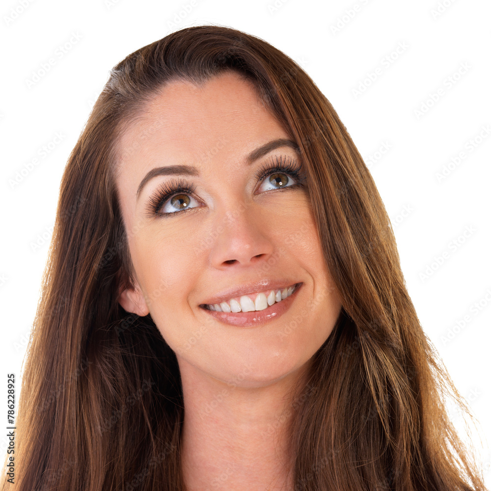 Studio, woman and thinking with smile for skincare, wellness and cosmetics ideas on white background. Female person, planning and thoughts for skin glow, facial routine and daily treatment with joy Studio, woman and thinking with smile for skincare, wellness and cosmetics ideas on white background. Female person, planning and thoughts for skin glow, facial routine and daily treatment with joy