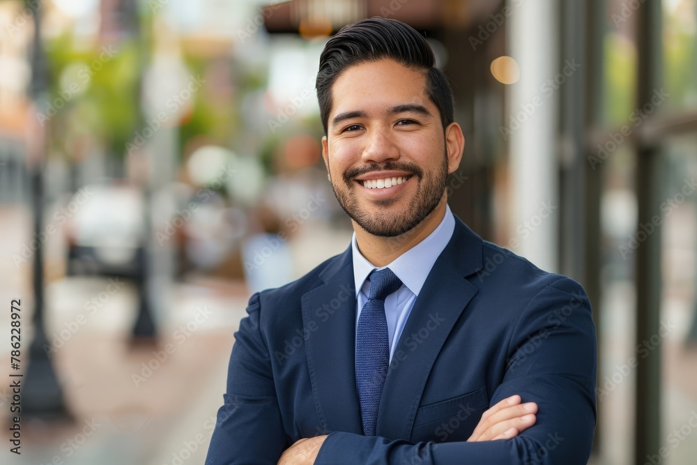 Smiling man dressed in a sharp suit celebrates his new job in the bustling city.