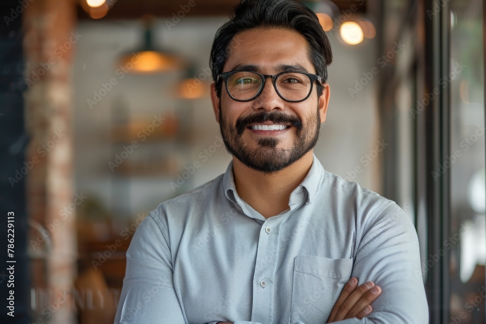 Smiling man in smart casual attire standing confidently, arms crossed, in an office. Smiling man in smart casual attire standing confidently, arms crossed, in an office.