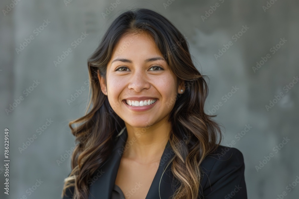 A beaming woman in professional attire stands against a grey background, exuding confidence. A beaming woman in professional attire stands against a grey background, exuding confidence.