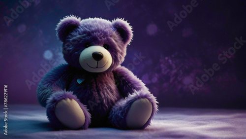 teady bear  placed in the shinny dark gradient background with abstract flowers in the hand of colorful  pink purple green blue and many others color with rose flowers abstract background with fluffy  photo