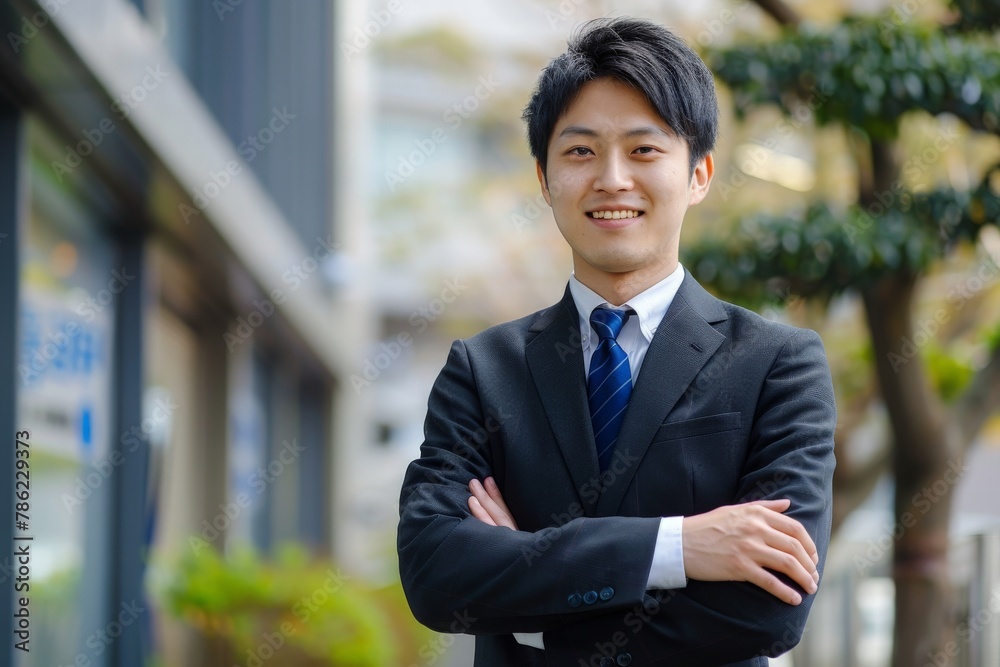 A poised young businessman in a sharp suit stands proudly outdoors, exuding confidence. A poised young businessman in a sharp suit stands proudly outdoors, exuding confidence.