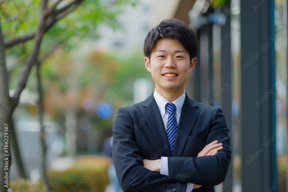 A cheerful businessman poses with arms crossed on a city street. A cheerful businessman poses with arms crossed on a city street.