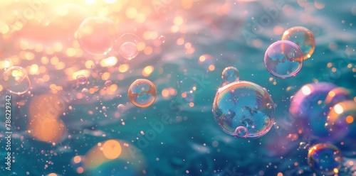 Colorful soap bubbles floating in the air with sunlight shining on them in a vibrant blue background